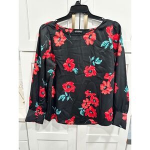 EXPRESS Floral Blouse Women's Large Long‎ Sleeve Button Cuff Black Red Flowers